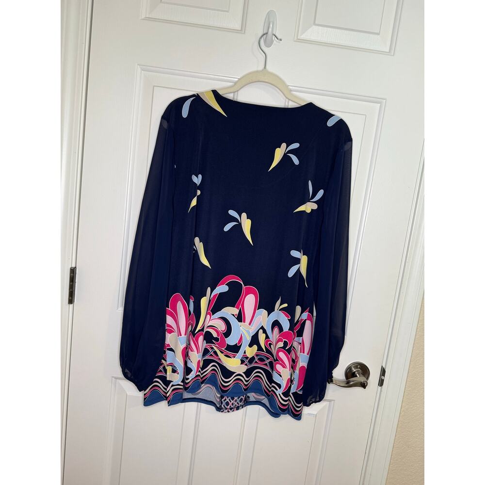 JM Collection Border Print Sheer Sleeve Blue Pink Yellow V-neck Blouse Plus XXL - Picture 7 of 7